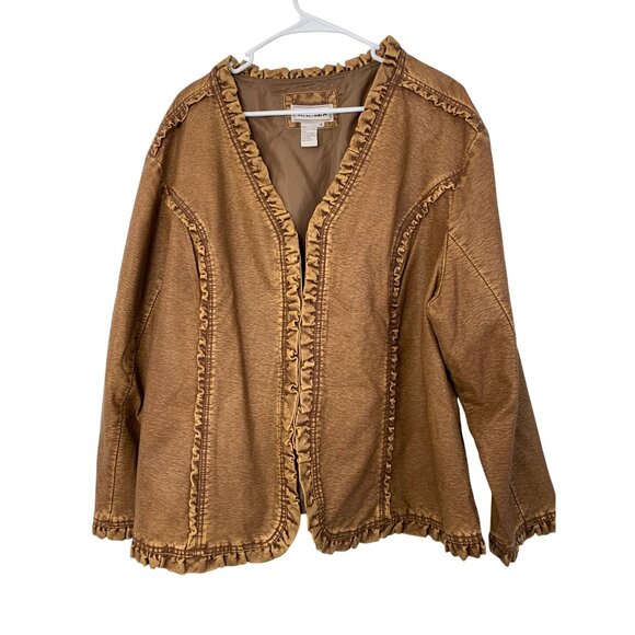 Womens Ruffle Jacket By AMI 3X Plus Faux Leather Lightweight GUC brown 8689 - Picture 2 of 7